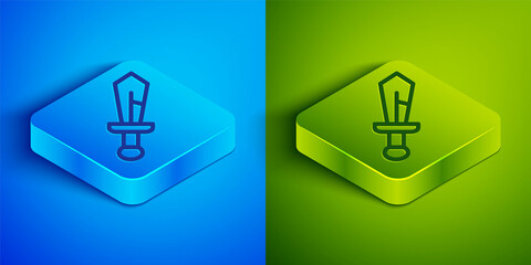 Isometric line Medieval sword icon isolated on blue and green background. Medieval weapon. Square button. Vector