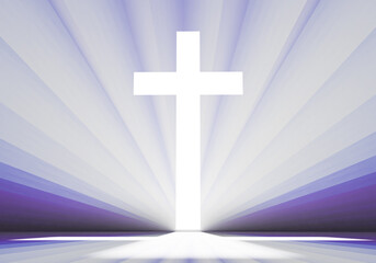 Wall Mural - Christian cross. Luminous crucifixes with purple tint. White religious cross and rays. Concept of entrance or window to heaven. Symbol of Catholic religion. Religious crucifix visualization. 3d image