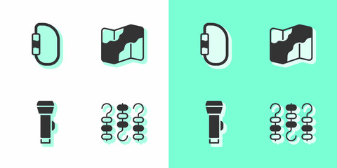 Sticker - Set Grilled shish kebab on skewer, Carabiner, Flashlight and Camping and hiking map icon. Vector