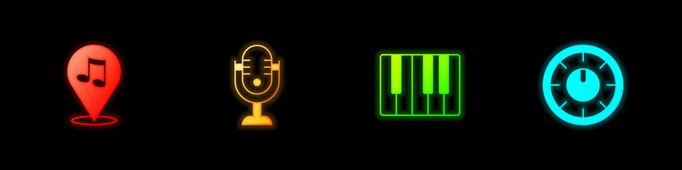 Poster - Set Location musical note, Microphone, Music synthesizer and Sound mixer controller icon. Vector