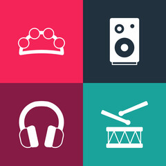 Sticker - Set pop art Drum with drum sticks, Headphones, Stereo speaker and Tambourine icon. Vector