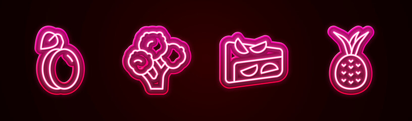 Sticker - Set line Plum fruit, Broccoli, Homemade pie and Pineapple. Glowing neon icon. Vector