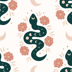 Wall Mural - Vector seamless pattern with boho snake. Print with magic serpent, moon phase, flowers and stars. Mystical background for digital paper, fabric design, phone case, wrapping, cover.