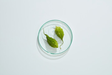 Front view of bittermelon decorated in white podium and water background 