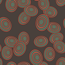 Seamless Pattern With Abstract Ellipse Shapes And Spiral Motifs. Red And Green Ovals On Brown Gray Background.