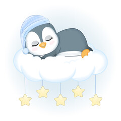  Cute Little Penguin sleeping on the cloud