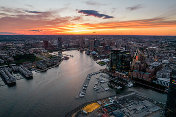 Wall Mural - Aerial Drone View of Baltimore City Inner Harbor at Sunset