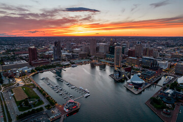 Wall Mural - Aerial Drone View of Baltimore City Inner Harbor at Sunset