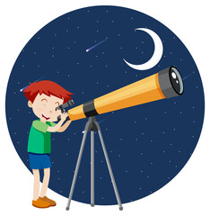Wall Mural - a boy looking through telescope at night