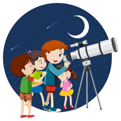 Wall Mural - happy kids observe night sky with telescope