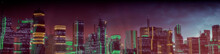 Futuristic City Skyline With Orange And Green Neon Lights. Night Scene With Advanced Superstructures.