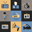 Press icon set. Modern flat symbols include business card, news, reporter, camera, accreditation and cream background notebook.