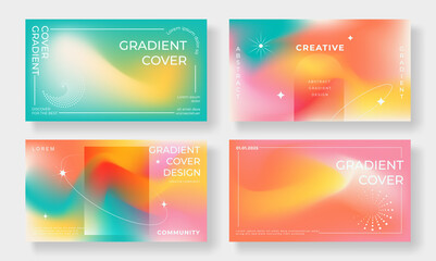 abstract fluid gradient cover template. set of modern poster with vibrant graphic color, star, plane