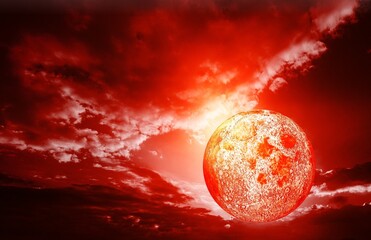 Wall Mural - blood moon real full blood moon in black sky with cloud.