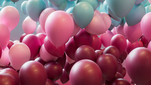 Fun Birthday Wallpaper, With Maroon, Pink And Pastel Blue Balloons. 3D Render.