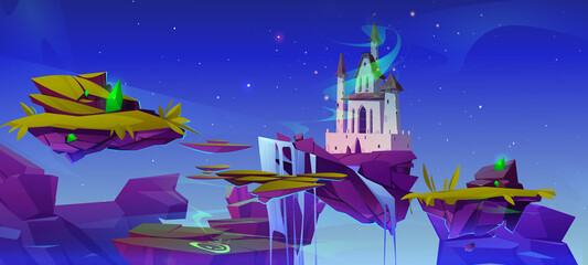 Poster - fantasy summer landscape with magic castle and floating islands. vector cartoon illustration with gr