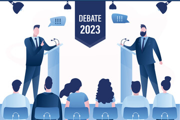 Wall Mural - Open debates 2023 before vote. Leaders of political parties conducting intense discussion on public debates. Two male politicians debate on podium. Electorate is listening, election campaign.