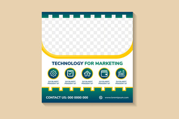 Poster - Editable square banner template. green, blue gradient and yellow elements in white color background. Suitable for social media feed post and web internet ads. Vector illustration for marketing tech