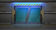 Metal door, bunker or secret laboratory entrance with glass windows, sliding gates in spaceship interior. Futuristic closed shuttle ski-fi gateway with yellow markup, Realistic 3d vector illustration