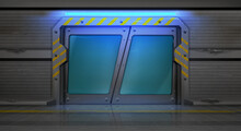 Metal Door, Bunker Or Secret Laboratory Entrance With Glass Windows, Sliding Gates In Spaceship Interior. Futuristic Closed Shuttle Ski-fi Gateway With Yellow Markup, Realistic 3d Vector Illustration