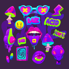 Acid stickers with aliens, mushrooms and tv. Psychedelic, rave design of 60s and 70s. Vector cartoon set of weird and crazy hippie icons eyes, martian head, mouth and drugs