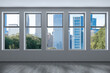 © VideoFlow - Downtown Chicago City Skyline Buildings from High Rise Window. Beautiful Expensive Real Estate overlooking. Epmty room Interior Skyscrapers View in Penthouse Cityscape. Day time. 3d rendering.