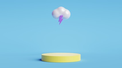 Poster - Monsoon season offer and sale banner. Cylinder podium, cloud and thunder.3D render illustration.
