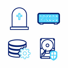 Poster - Set line Hard disk drive HDD protection, Setting database server, Retro flip clock and Tombstone with cross icon. Vector