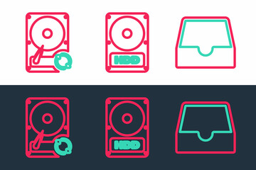 Poster - Set line Social media inbox, Hard disk drive HDD sync refresh and icon. Vector