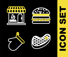 Sticker - Set line Burger, Steak meat, Oven glove and Barbecue shopping building icon. Vector