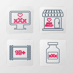 Poster - Set line Bottle with pills for potency, Play Video 18 plus, Sex shop building and Monitor content icon. Vector