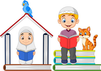 Wall Mural - Cartoon Muslim kids reading a book with pile of books and forming a house