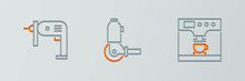 Set Line Coffee Machine And Cup, Electric Drill And Angle Grinder Icon. Vector