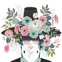 Vector Illustration Of A Beautiful Girl Wearing A "Gat", Korean Traditional Hat Decorating With Flowers. Design For Banner, Poster, Card, Invitation And Scrapbook				