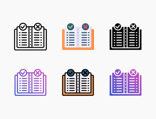 Rule Policy Paper icon set with different styles. Style line, outline, flat, glyph, color, gradient. Editable stroke and pixel perfect. Used for digital product, presentation, print design and more.