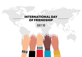 Wall Mural - International friendship day background banner poster with five diversity hands up and world map.