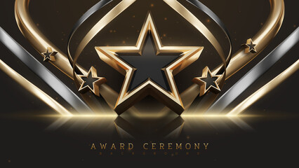 award ceremony background with 3d gold star and ribbon element and glitter light effect decoration.