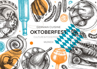 Wall Mural - German food background in collage style. Oktoberfest menu trendy design. Vector meat dishes sketches and geometric shapes. German cuisine modern banner. Traditional Food festival illustration.