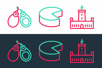 Sticker - Set line Montjuic castle, Castanets and Cheese icon. Vector