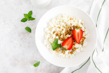 Poster - Cheese cottage, curd cheese with granola and fresh strawberry. Breakfast. Healthy food, diet. Top view