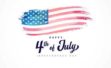 Wall Mural - Happy 4th of July lettering and watercolor flag. Fourth of July, Independence Day - American greeting card for national holiday. Patriotic vector illustration