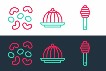 Sticker - Set line Honey dipper stick, Jelly candy and Pudding custard icon. Vector