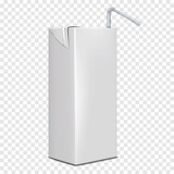 Blank white small juice box with clear plastic drinking straw on transparent background realistic vector mock-up. Aseptic carton packaging for kids beverage mockup. Template for design