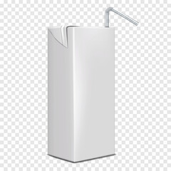 Wall Mural - blank white small juice box with clear plastic drinking straw on transparent background realistic ve