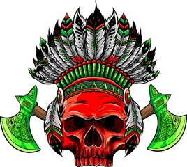 Poster - Indian skull with headdress of feathers. The leader of a tribe of Indians. vector.