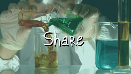 Poster - Animation of share text over caucasian female scientist and beakers with liquid
