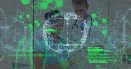 Poster - Animation of data processing and dna strand spinning over diverse doctors