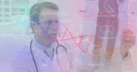 Wall Mural - Animation of data processing and dna strand spinning over caucasian male doctor