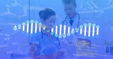 Poster - Animation of data processing and dna strand spinning over diverse doctors