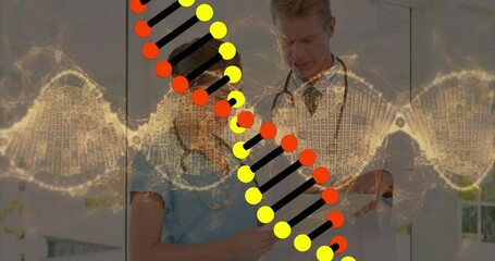 Poster - Animation of data processing and dna strand spinning over diverse doctors